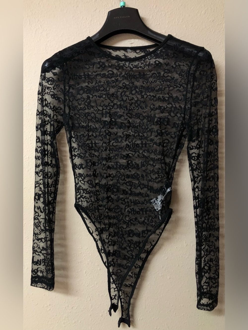 Black Lace Thong Long-Sleeve Sheer Bodysuit Small NWT
